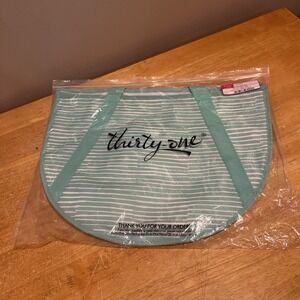 Thirty One 31 Round Utility Tote Bag- Miami Stripe - Green Teal -‎ Double Strap